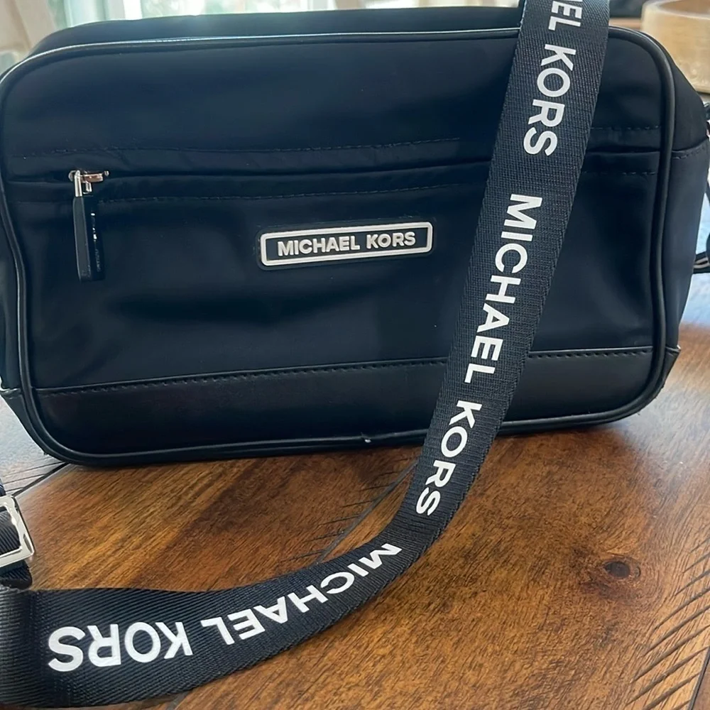 Michael Kors black white nylon camera crossbody bag webbing logo strap